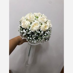 دسته گل عروس رز به همراه تور