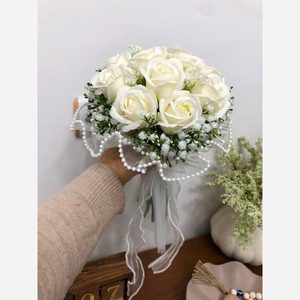 دسته گل عروس رز با تزیین تور