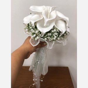 دسته گل عروسی شیپوری با گل عروس و تور